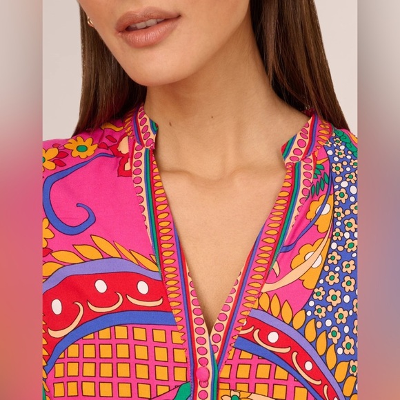 Adrianna Papell Long Sleeve Retro Printed A Line Dress In Pink Multi Size 8 NWT - Picture 3 of 16